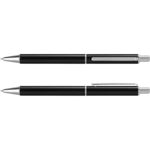 A black metal pen with a sleek design and silver accents, featuring a clip and a smooth writing tip.