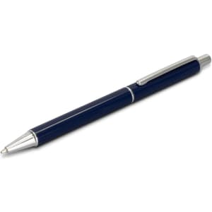 A metal pen in dark blue with silver accents, featuring a clip and a polished finish.