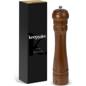 A wooden pepper mill in a tall, rounded shape, with a black packaging box featuring a logo.