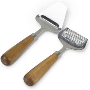 A slicer and grater set with stainless steel blades and wooden handles in a natural finish.