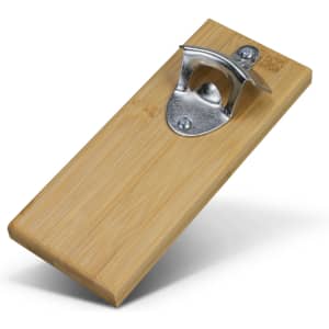 A drink bottle opener made of natural bamboo with a silver metal cap catcher. Features a sleek, modern design.