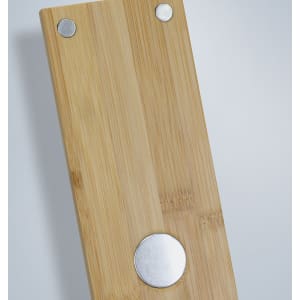 A drink bottle opener made of natural bamboo, featuring two metallic magnets and a circular base design.