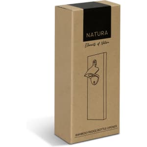 A sleek, natural bamboo fridge bottle opener in a simple, eco-friendly packaging with a logo.