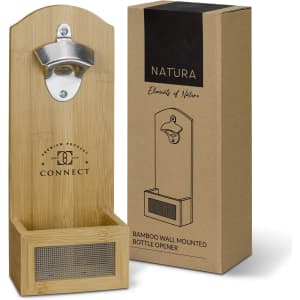 A drink bottle opener made of bamboo, featuring a metal cap catcher and a branded box.
