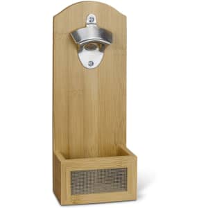 A drink bottle opener made of natural bamboo, featuring a metal opener at the top and a storage compartment below.