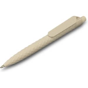 A light beige pen with a textured grip and a clip, featuring a logo on the side.