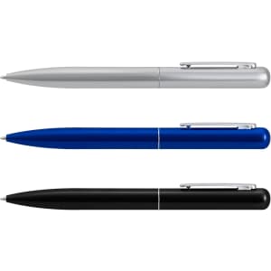 A collection of three metal pens in silver, blue, and black, featuring a clip and sleek design.