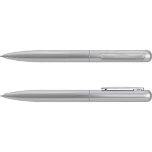 A silver metal pen with a smooth, sleek design and a clip. Features both cap and retractable mechanisms.