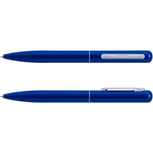 A blue metal pen with a sleek design, featuring a silver clip and a polished barrel. It includes a logo.