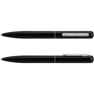 A black metal pen with a sleek design, featuring a silver clip and detailing. The pen is presented from two angles.