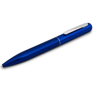 A metal pen in a vibrant blue colour with a silver clip, featuring a logo on the body.