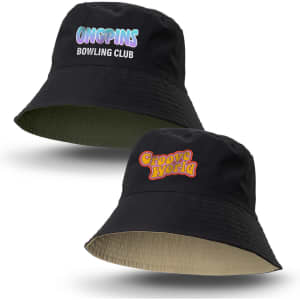 A reversible black bucket hat featuring two different logos on each side. One side has a colourful logo, and the other is in vibrant red.