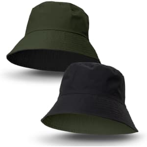 A reversible bucket hat in dark green and black, featuring a logo on one side.