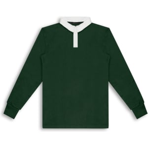 A green unisex rugby jersey featuring a white collar and long sleeves, equipped with a logo.