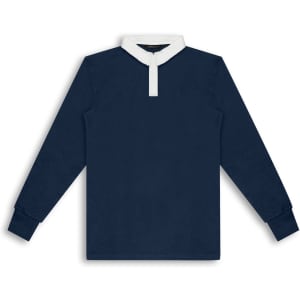 A navy blue unisex rugby jersey with a white collar and long sleeves. It features a logo on the chest.