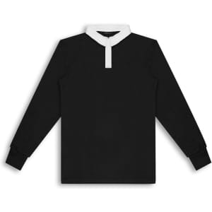 A black unisex rugby jersey featuring a white collar and long sleeves. Includes a logo on the chest.