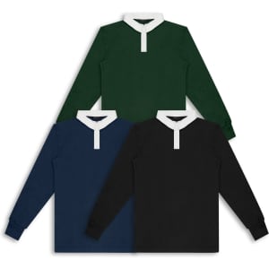 A rugby unisex jersey featuring three colour options: dark green, navy blue, and black, with a white collar and branding.