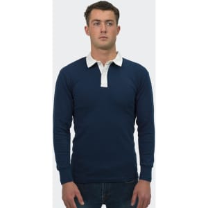 A unisex rugby jersey in navy blue with a white collar, featuring long sleeves and a branded logo.