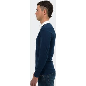 A navy unisex rugby jersey featuring a white collar, designed as part of a sports uniform. It has a logo.