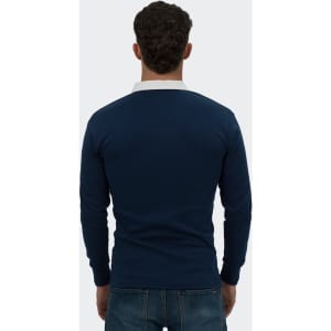 A unisex rugby jersey in navy with a white collar, featuring a simple design and long sleeves.