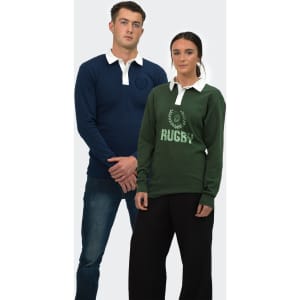 A navy blue and green TRENDSWEAR rugby unisex jersey, featuring contrasting white collars and a logo.