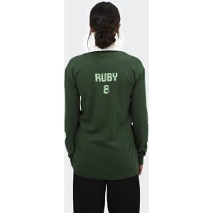 A unisex rugby jersey in green, featuring a white collar and a logo on the back.