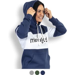 A woman wearing a navy, white, and grey unisex hoodie with a large hood, featuring a logo on the front.