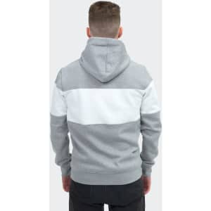 A grey and white Fairmount unisex hoodie with a hood, featuring a striped design on the back.