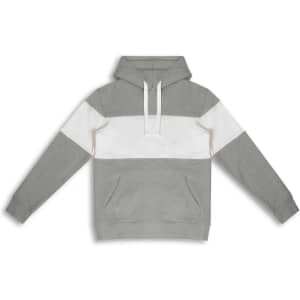 A grey and white unisex hoodie featuring a hood and front pocket, with a branding logo.
