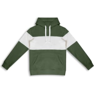 A green and white hoodie featuring a front kangaroo pocket and a hood, with branding on the design.