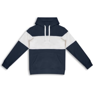 A navy and white unisex hoodie featuring a solid design, a kangaroo pocket, and a hood with drawstrings.