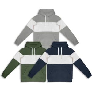 Three unisex hoodies in grey, green, and navy, featuring white horizontal stripes and a front pocket. Each has a logo.