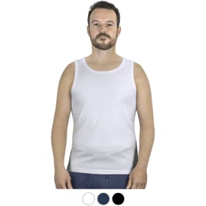 A man is wearing a white sports tank top. The product also comes in two additional colours. It features a logo.