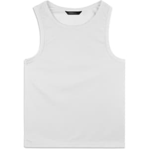 A white men's sports tank top with a simple design and a logo on the label.