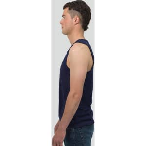 A navy blue sleeveless tank top on a model, featuring a plain design and a logo on the fabric.