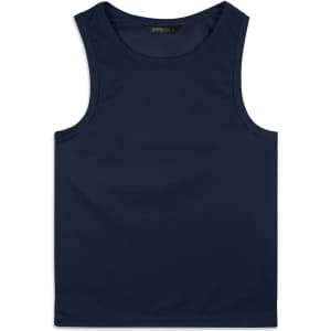 A navy blue men's sports tank top with a simple design and a logo. Ideal for athletic wear.