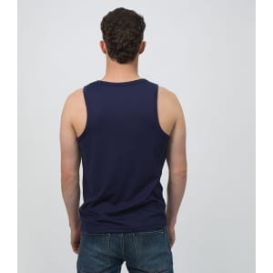 A navy blue men's sports tank top with a plain design and a branded logo, viewed from the back.