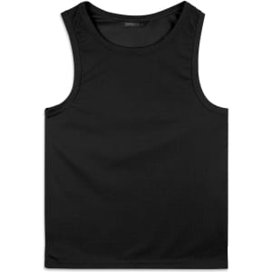 A black men's sports tank top with a smooth texture and a logo on the label.