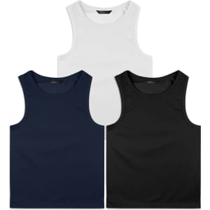 A set of three men's sports tank tops in white, navy, and black, featuring a simple design and a logo.