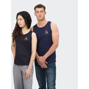 Two individuals wearing TRENDSWEAR Agility Mens Sports Tank Tops in navy and black, both featuring a logo.