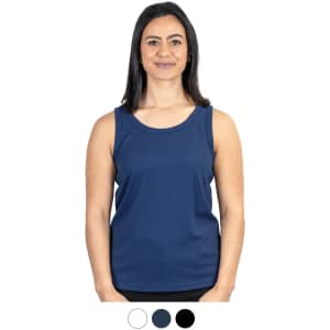 A women's sports tank top in navy blue, featuring a simple design and a logo.