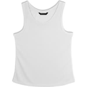 A white women's sports tank top with a rounded neckline and a logo on the label.