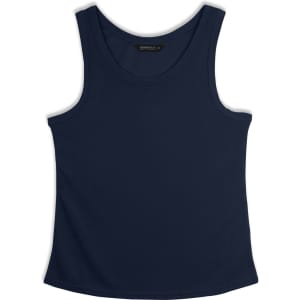 A navy women's sports tank top with a classic sleeveless design and a logo on the interior label.