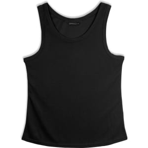 A black women's sports tank top with a classic singlet design and a small logo.
