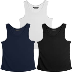 A set of three women's sports tank tops in navy, white, and black, featuring a logo on each top.