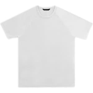 A white men's sports T-shirt with a raglan sleeve design and a branding logo.