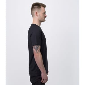 A black men's sports T-shirt displayed on a model from the side, showcasing its fit and design.