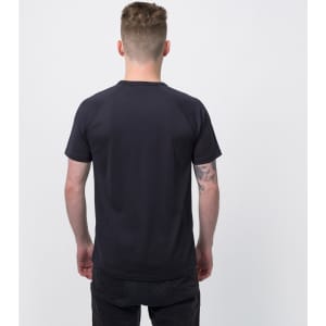 A black TRENDSWEAR Agility men's sports T-shirt displayed from the back, featuring a logo on the upper side.