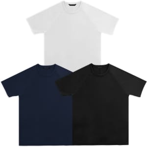 A set of three T-shirts in white, navy, and black, featuring a logo on one.