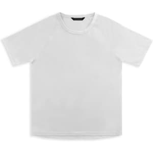 A white women's sports t-shirt with a simple design and a logo. Suitable for athletic wear.